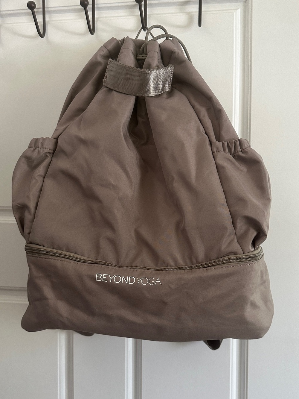 Beyond Yoga Neutral Taupe Drawstring Backpack with Front Zip